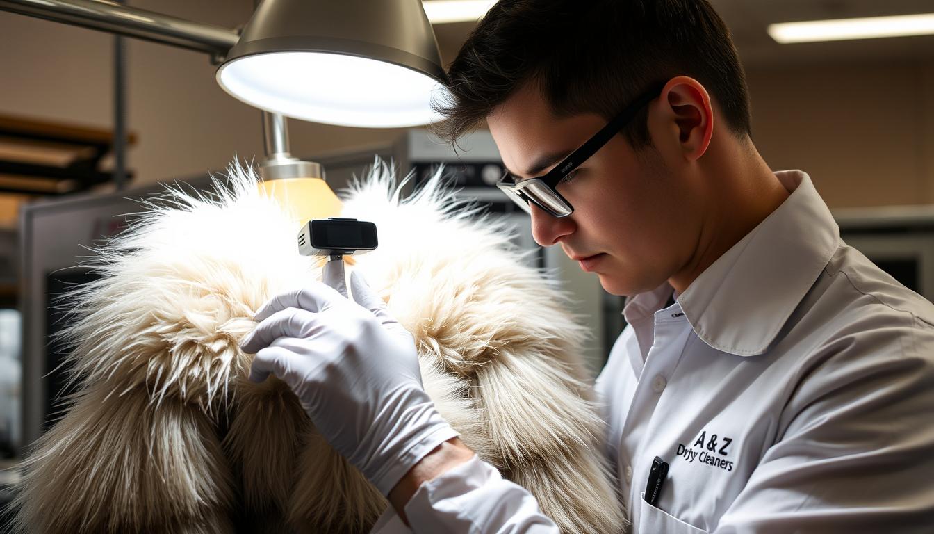 A &amp; Z Dry Cleaners specialist performing detailed inspection of fur jacket before cleaning