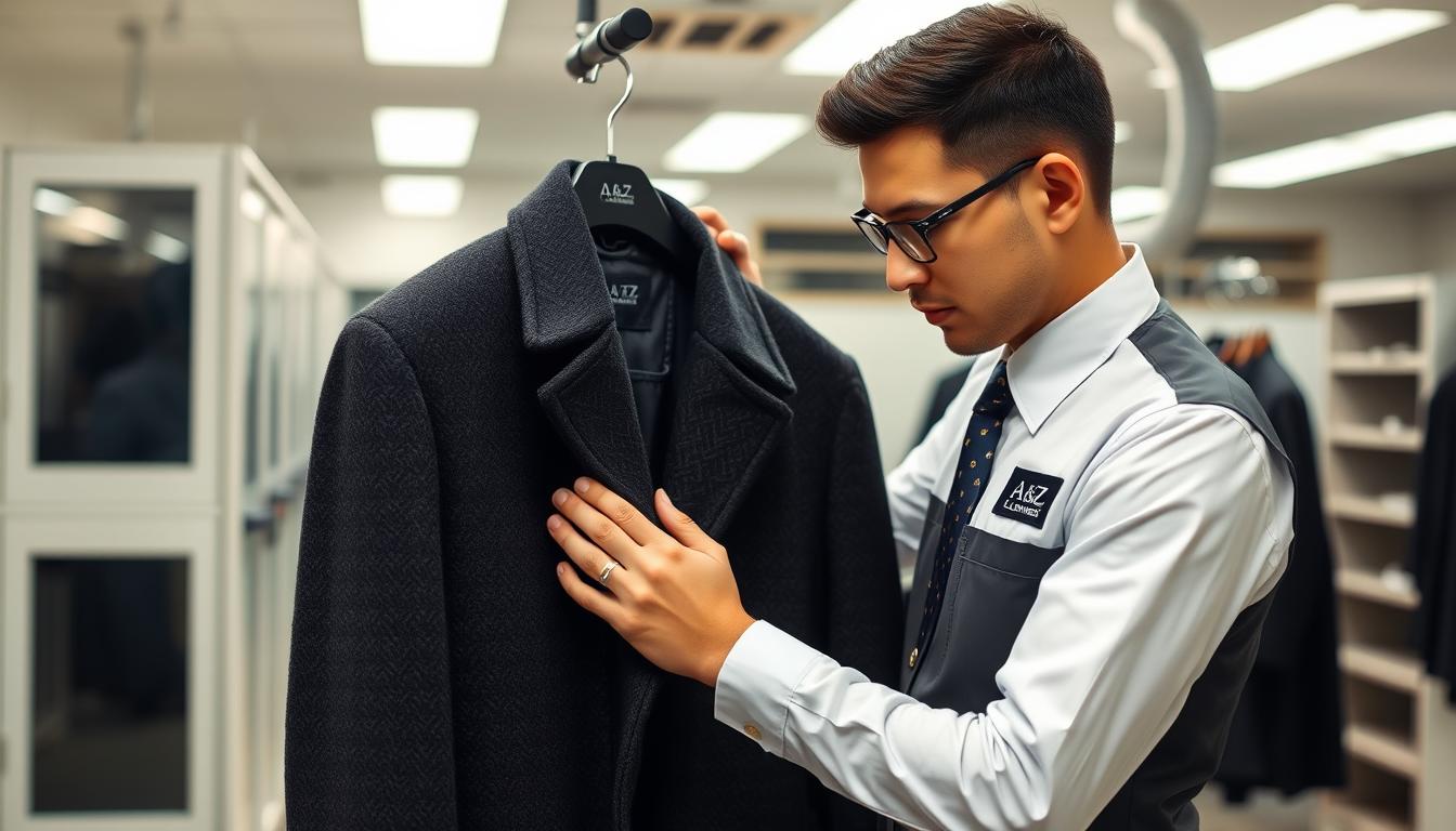 Professional long coat dry cleaning service at A & Z Dry Cleaners in Luton showing a wool coat being carefully inspected
