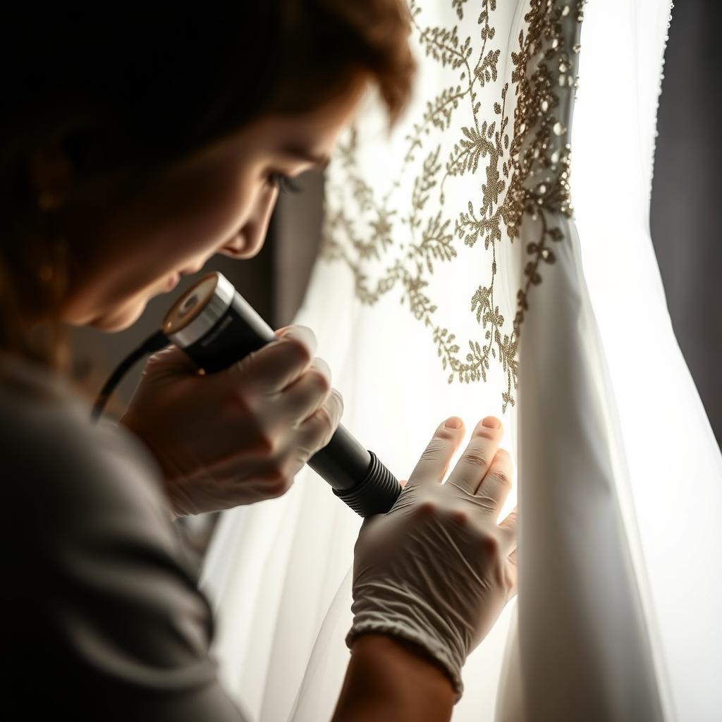 Initial inspection during Wedding Dress Cleaning in UK process