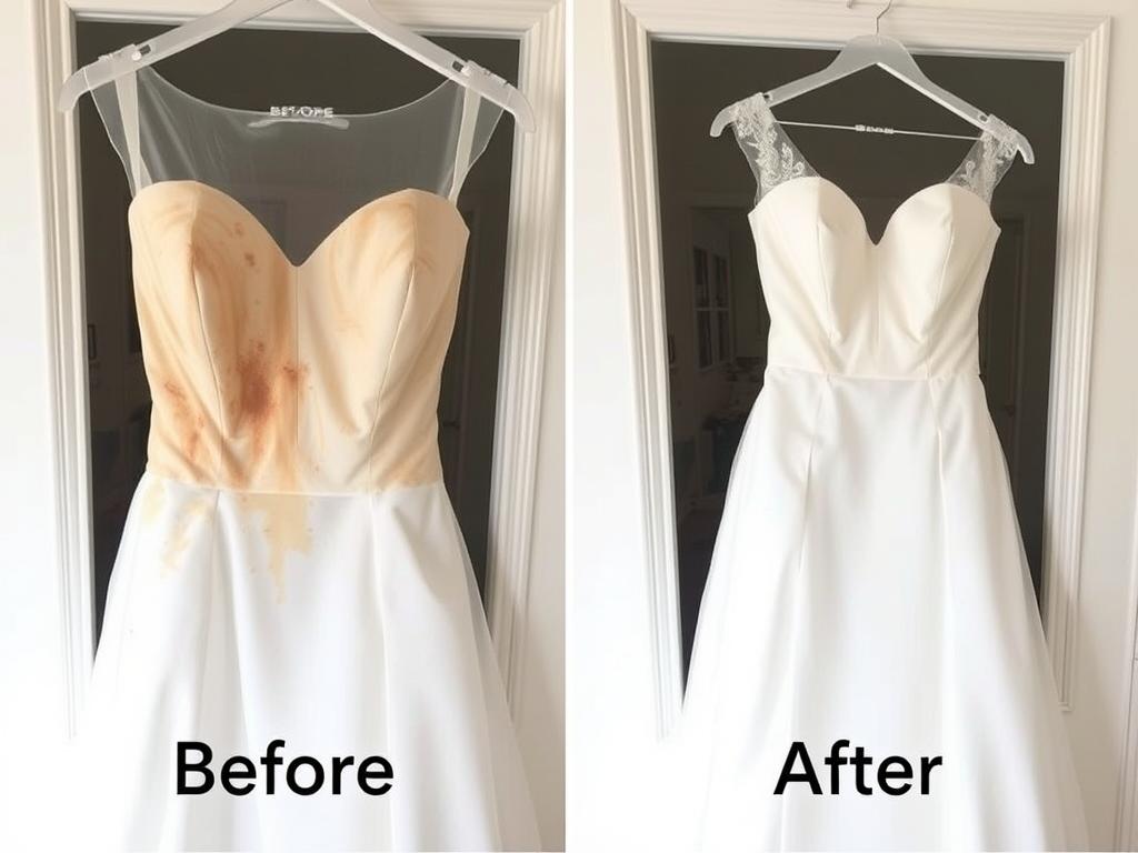 Before and after Wedding Dress Cleaning in UK showing remarkable results