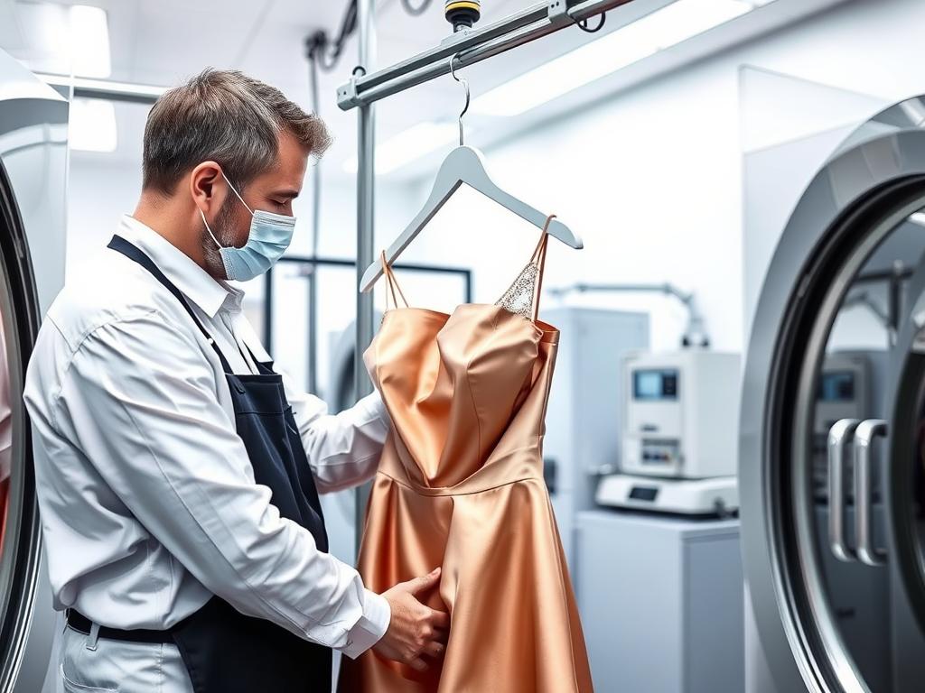 Professional cleaning process for satin evening dress at A &amp; Z Dry Cleaners