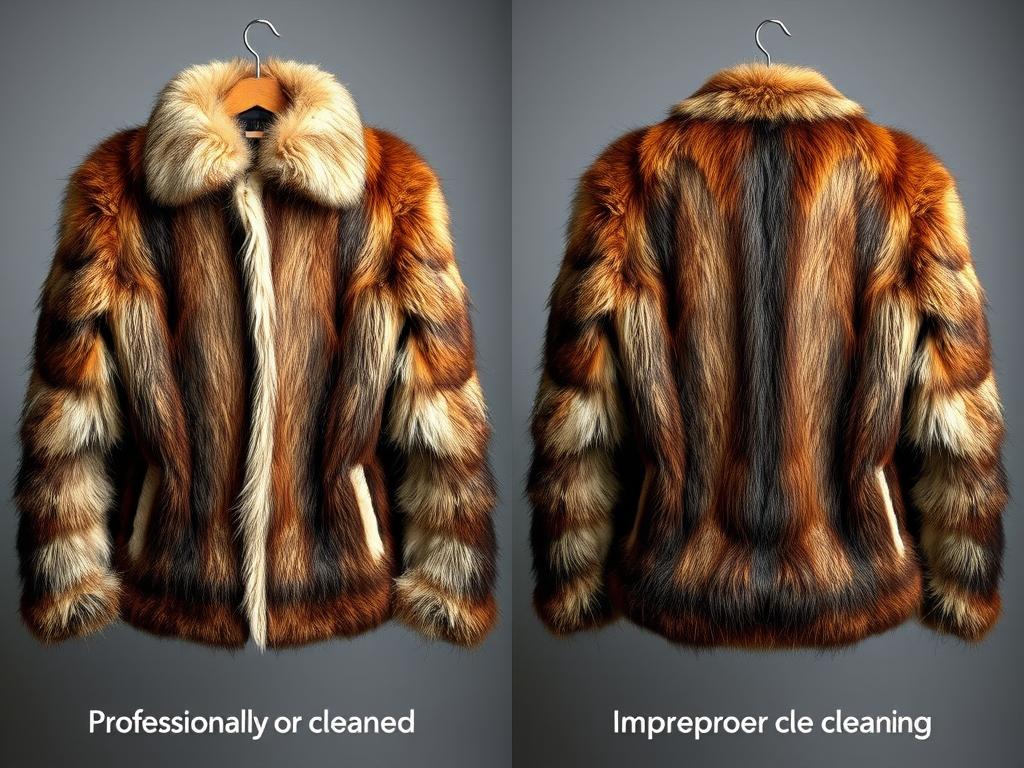 Comparison between professionally cleaned fur jacket and improperly cleaned fur jacket showing difference in texture and appearance