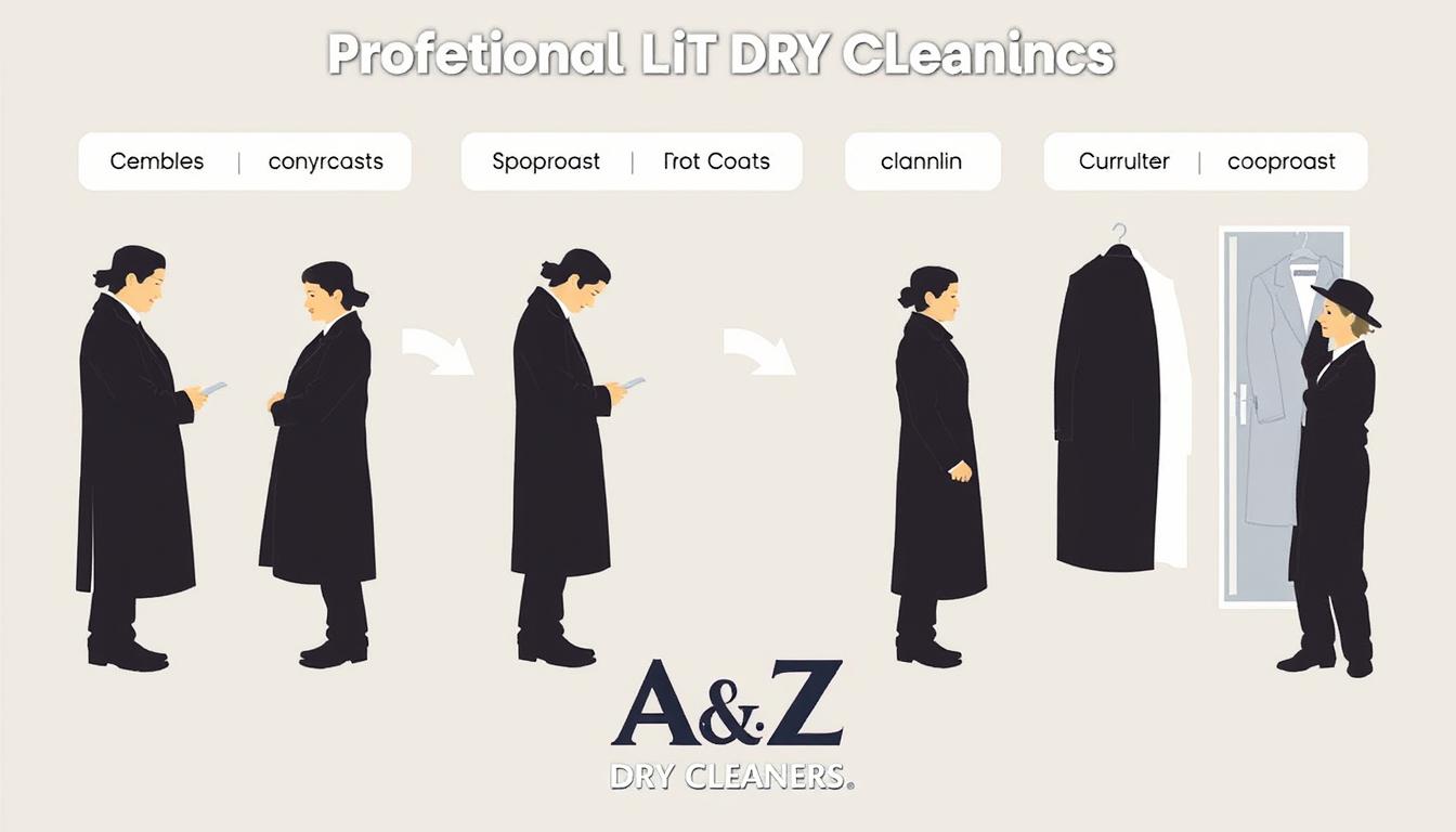 A & Z Dry Cleaners professional long coat dry cleaning process showing multiple stages