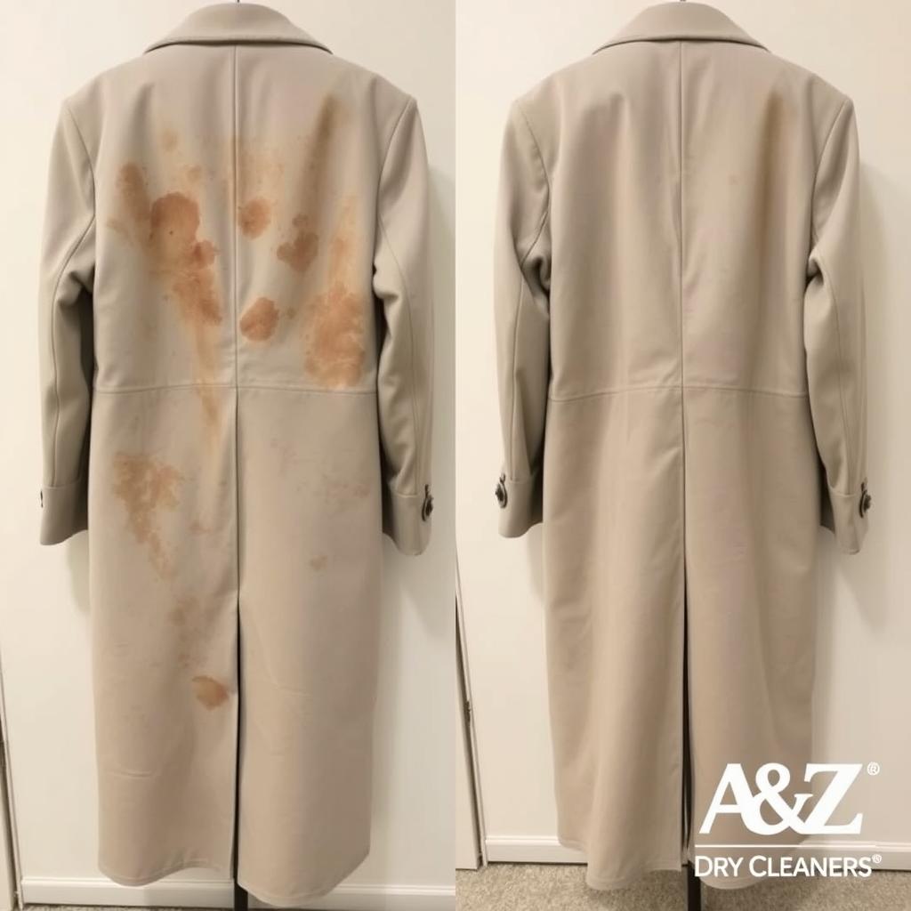 Before and after comparison of a stained long coat professionally cleaned by A &amp; Z Dry Cleaners